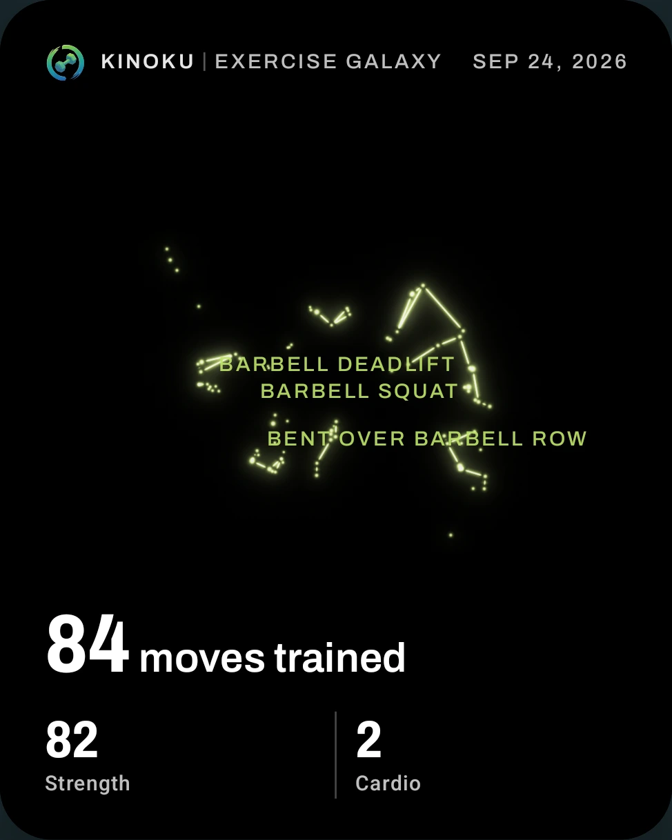 Lime green exercise constellations on black, showing 84 sample moves