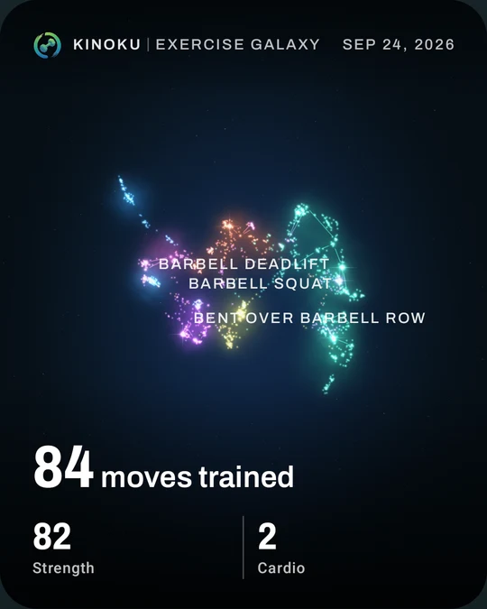 Colourful exercise constellations on a dark sky, showing 84 sample moves.