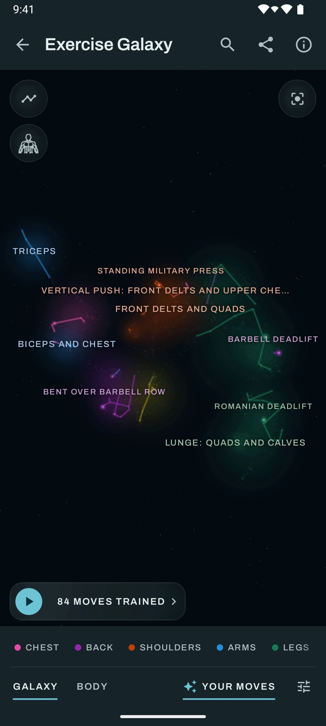 Your moves highlighted as constellations in the real Kinoku app