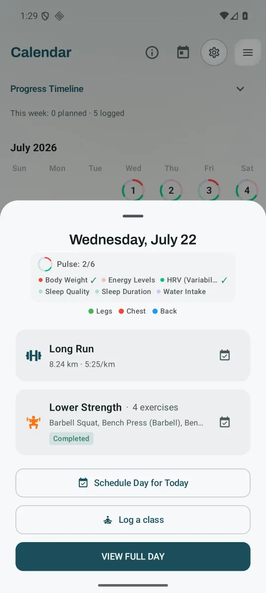 July 22 expanded to show the named Long Run and Lower Strength sessions, category labels and the selected daily metrics.