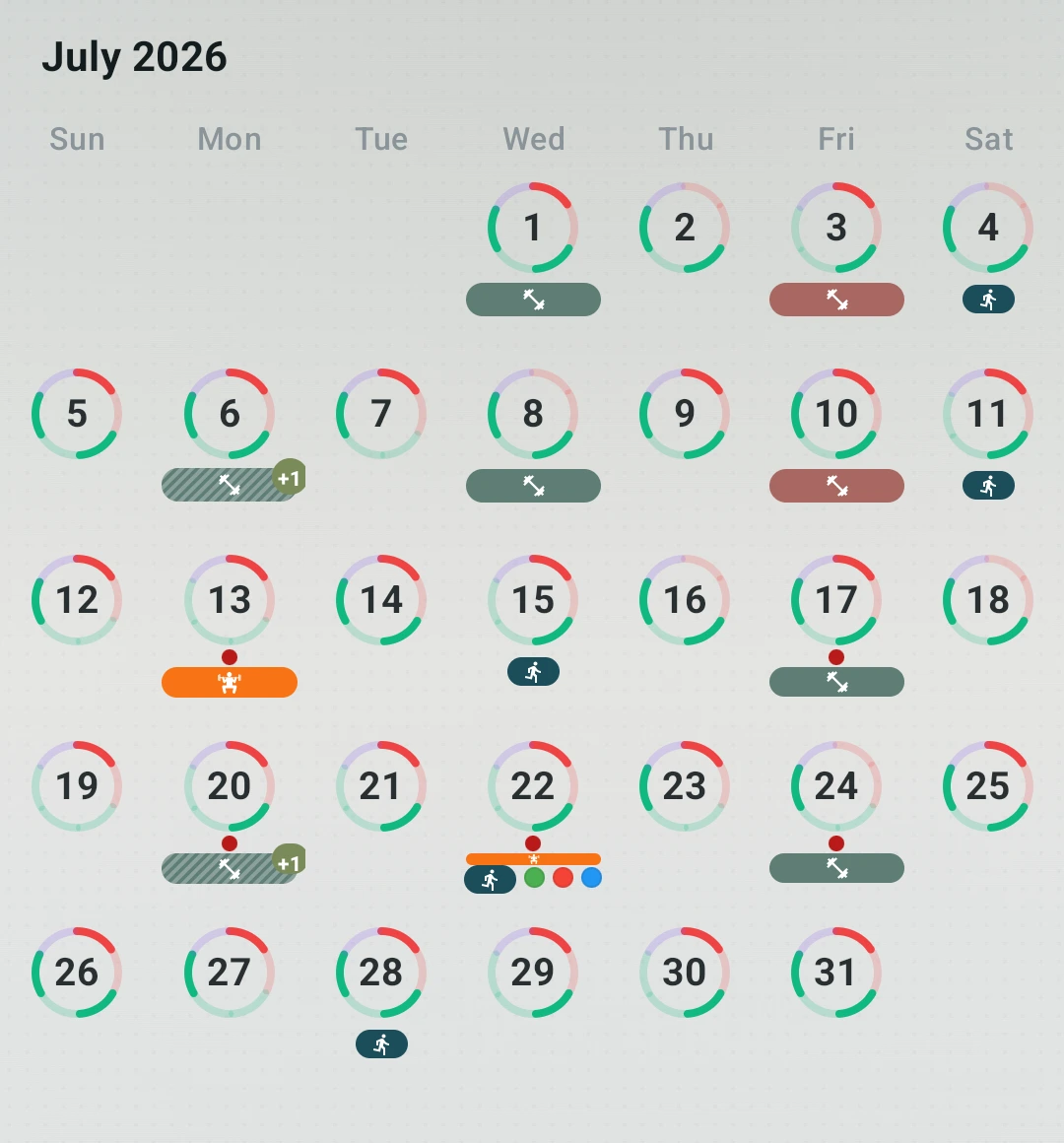 A crop of the real July calendar: orange Lower Strength bars, small running symbols, coloured category dots and metric rings.