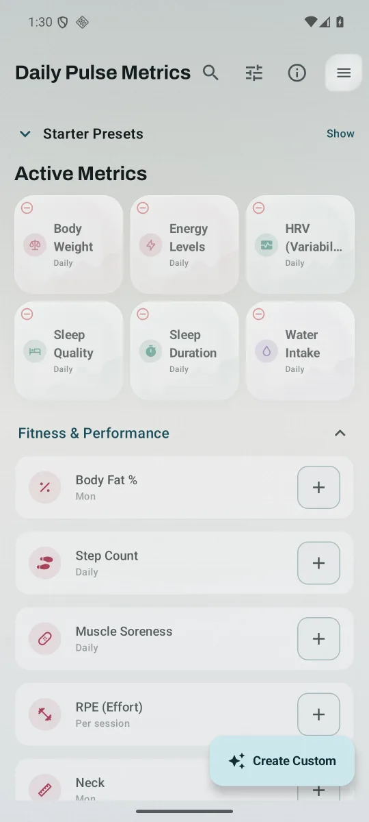 Six selected sample metrics with their names, icons and colours in the real Daily Pulse Metrics screen.