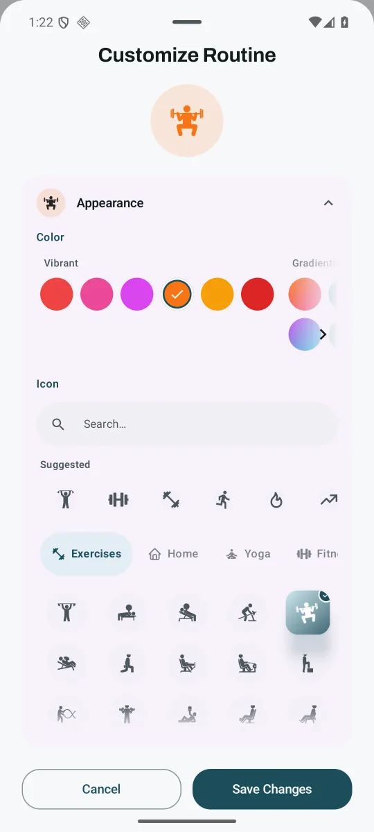 The real Customize Routine sheet with orange selected and a squat icon chosen for the fictional Lower Strength routine.