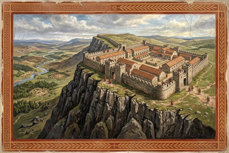 Kinoku's illustration of the Roman fort at Housesteads on a ridge, with hills beyond it.