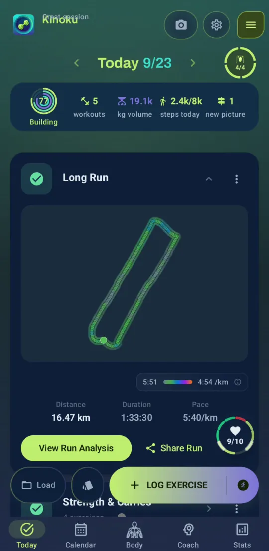 Kinoku Today for 23 September with a finished Long Run card: a route map, 16.47 km in 1:33:30 at 5:40 per km, and a Strength and Carries session below it.