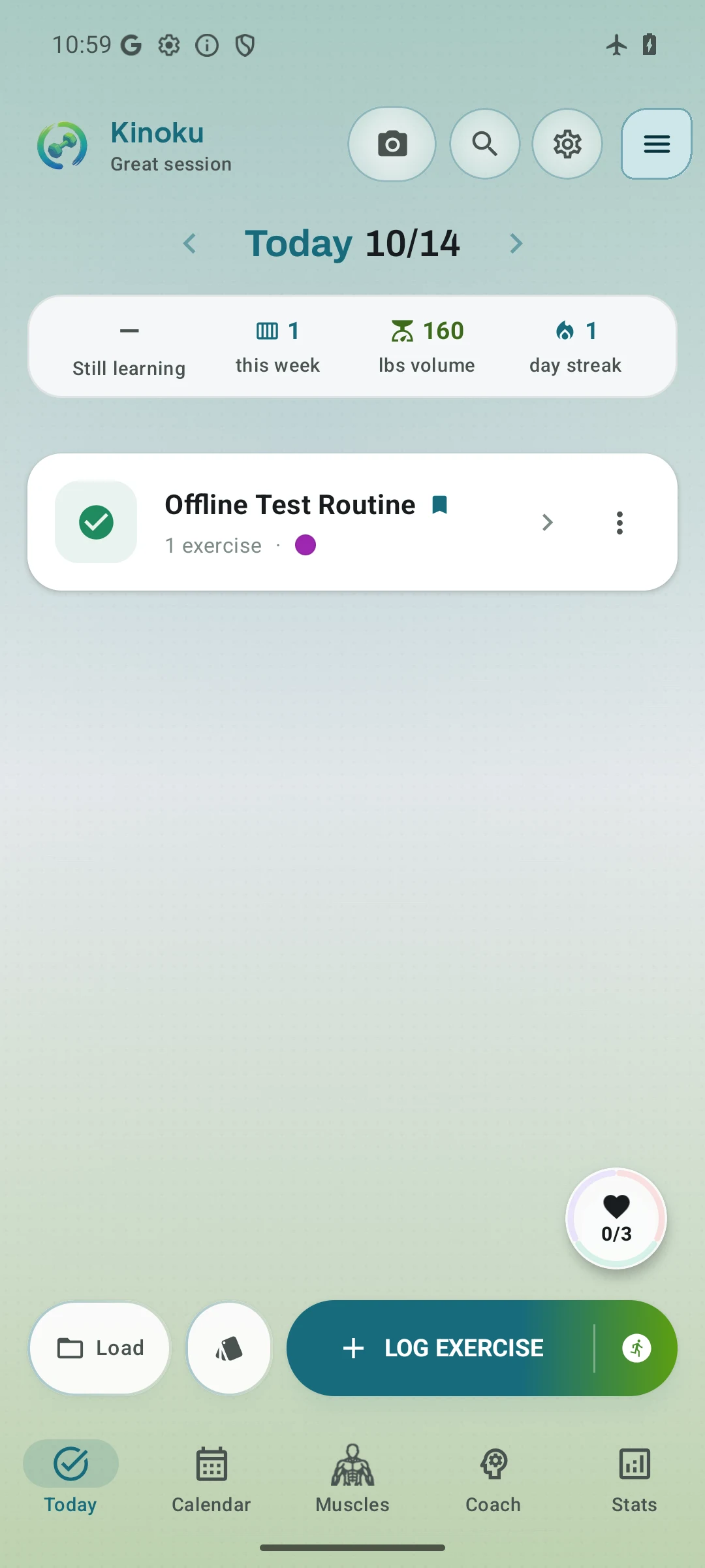 Kinoku 1.5.0 after an offline restart, showing Offline Test Routine as completed, one workout this week and 160 pounds of volume.