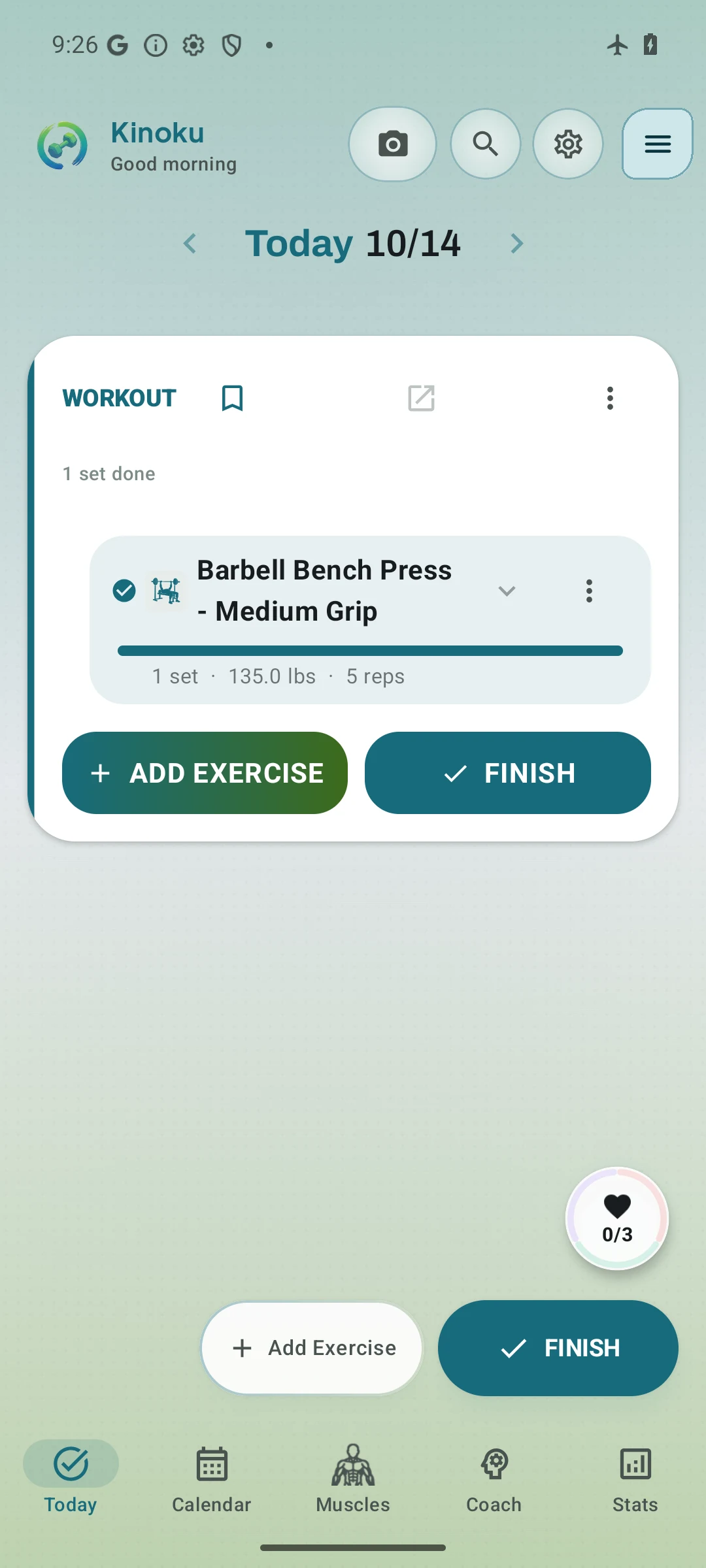 Kinoku 1.5.0 Today screen showing one completed bench press set at 135 pounds for 5 reps after an offline app restart.