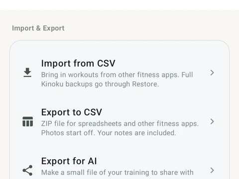 Kinoku Backup & Import screen populated with fictional sample training data.