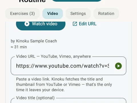 Kinoku Follow-Along Videos screen populated with fictional sample training data.