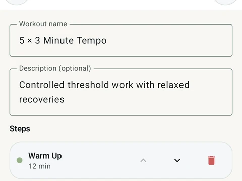 Kinoku Interval Editor screen populated with fictional sample training data.