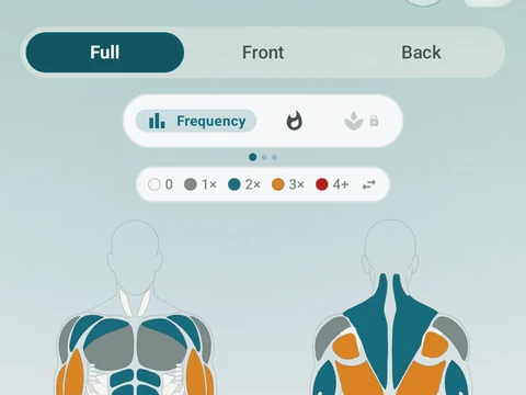 Kinoku Muscle Map screen populated with fictional sample training data.