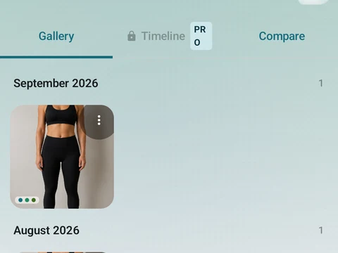Kinoku Progress Photos screen populated with fictional sample training data.