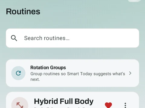 Kinoku Routines & Programs screen populated with fictional sample training data.
