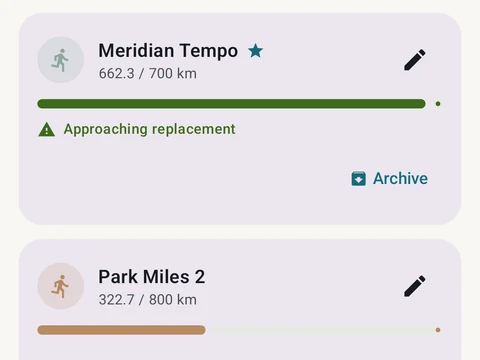 Kinoku Shoe Mileage screen populated with fictional sample training data.