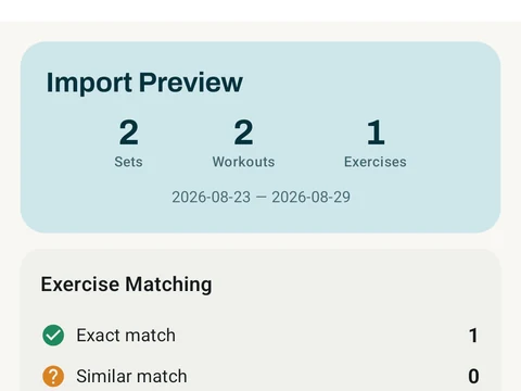 Kinoku Strava Import screen populated with fictional sample training data.