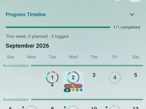 Kinoku Training Calendar screen populated with fictional sample training data.