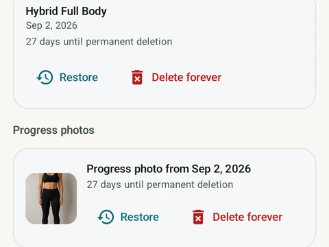 Kinoku Trash & 30-day Undo screen populated with fictional sample training data.