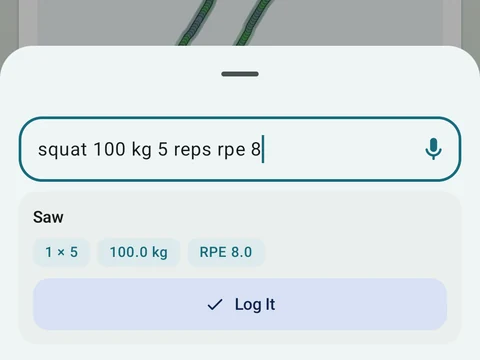 Kinoku Quick Log screen populated with fictional sample training data.