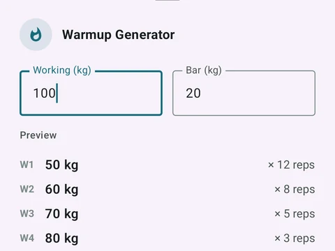 Kinoku Warmup Generator screen populated with fictional sample training data.