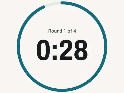 EMOM timer on round 1 of 4, with 0:28 on the clock inside a teal progress ring.