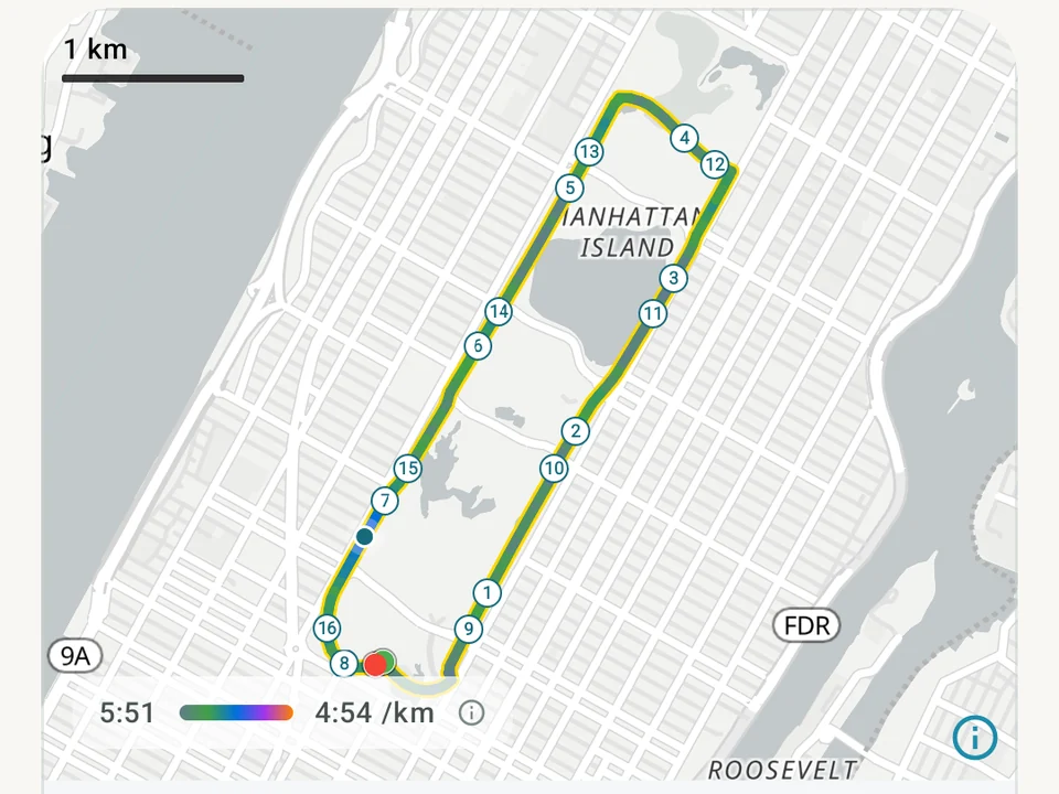 A Central Park run route with numbered split markers and a pace color scale