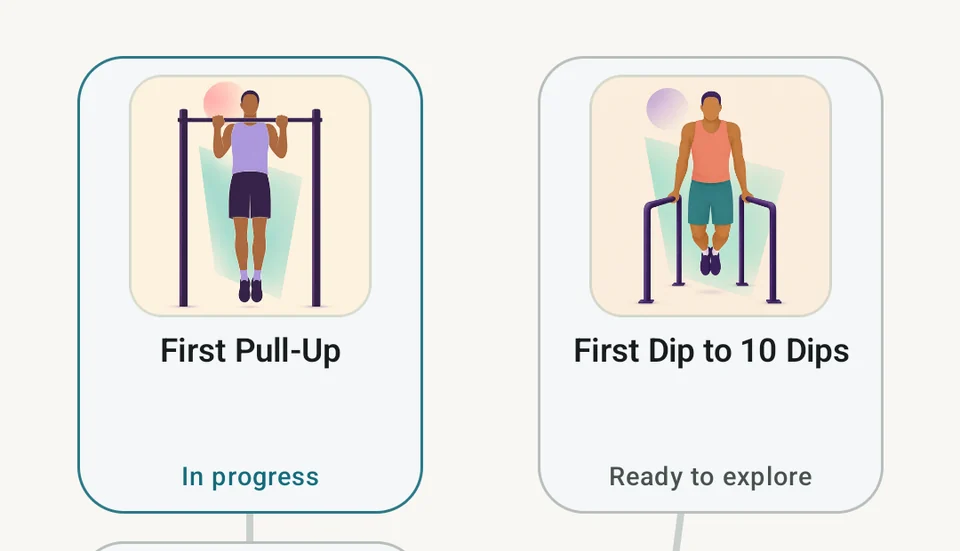First Pull-Up marked in progress beside First Dip to 10 Dips on the Skill Board