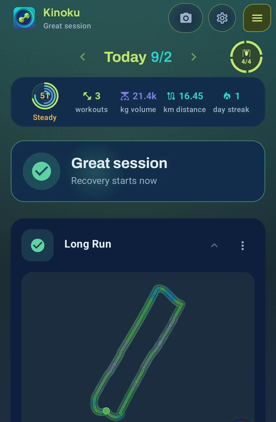Today's completed workout and run in the dark Volt theme