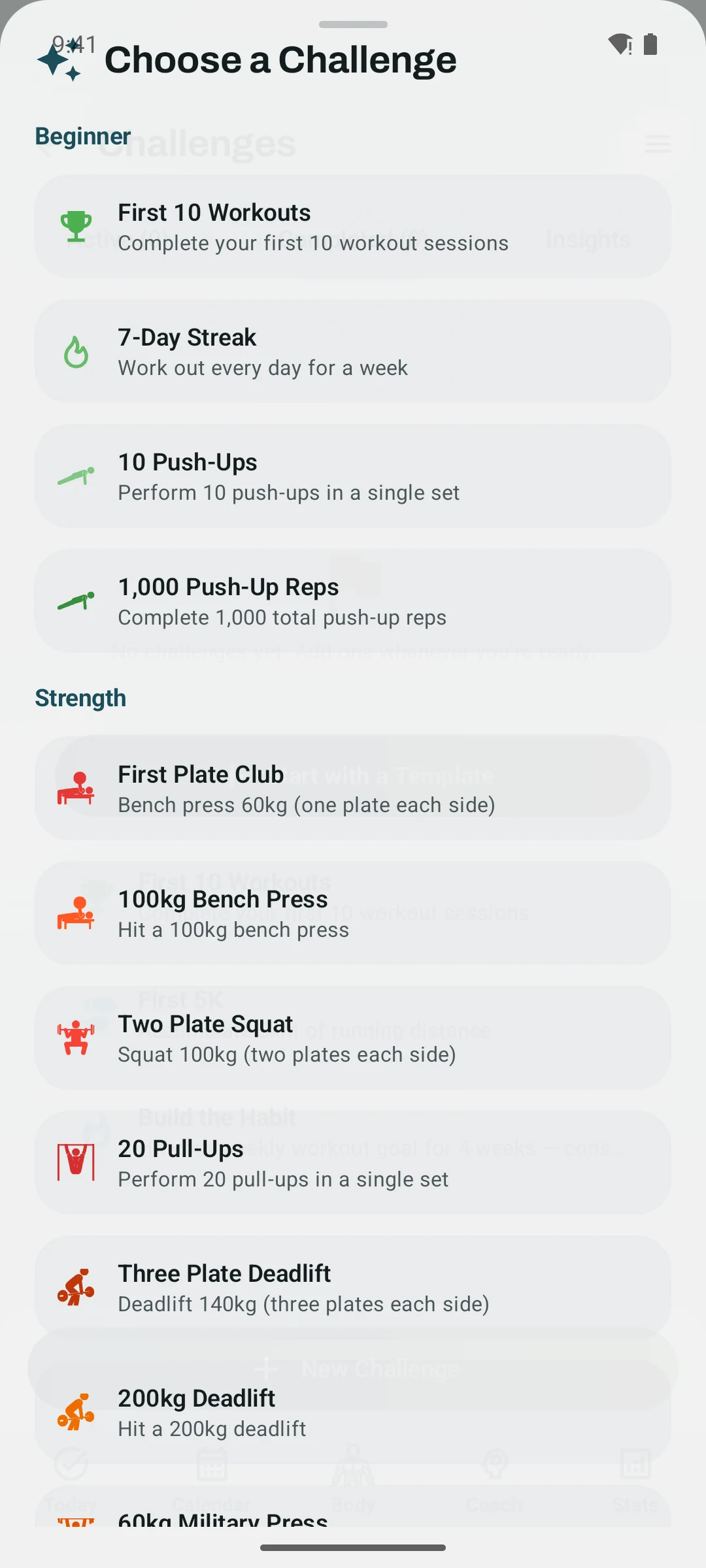 Kinoku Choose a Challenge sheet showing populated beginner and strength challenge templates.