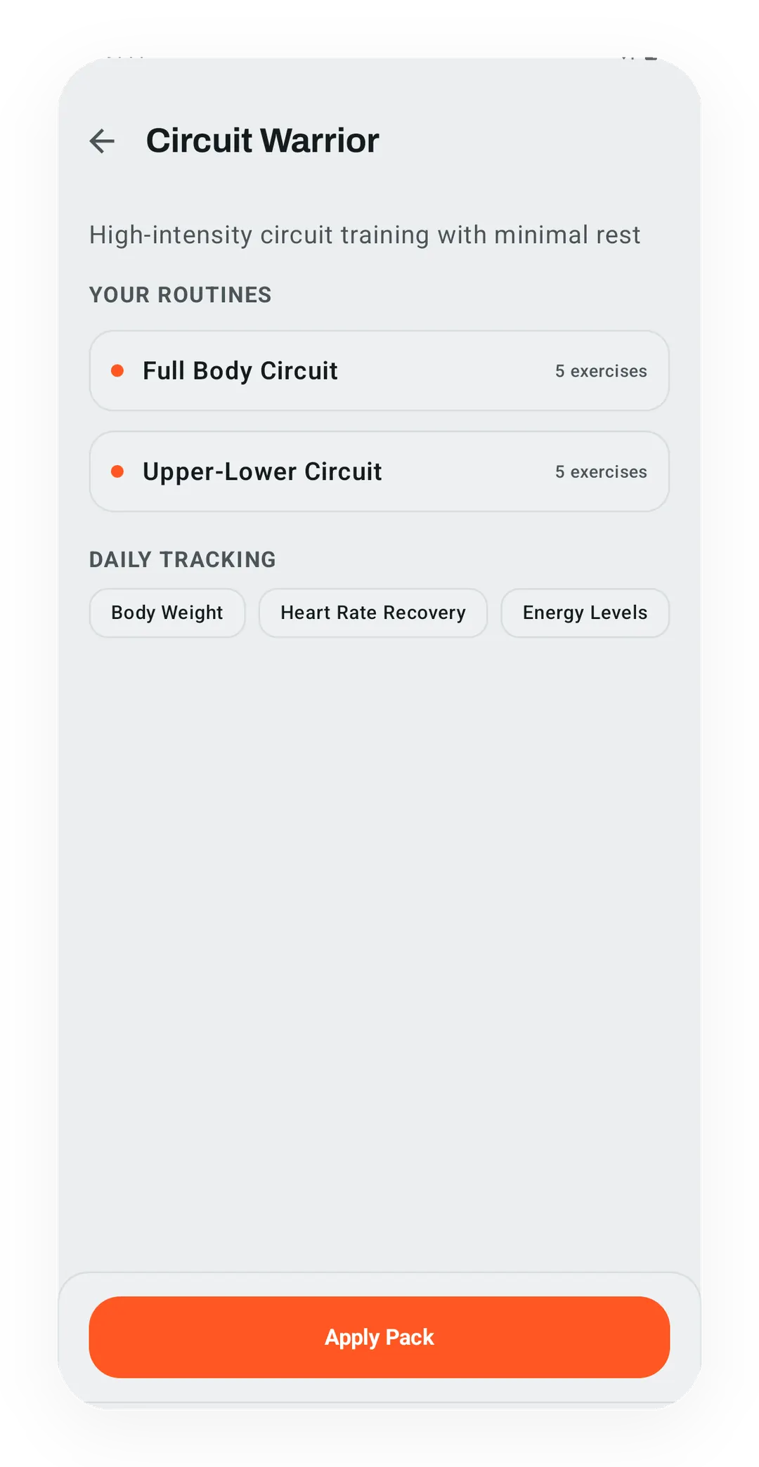 Kinoku Circuit Warrior starter pack with populated exercises and routine details.