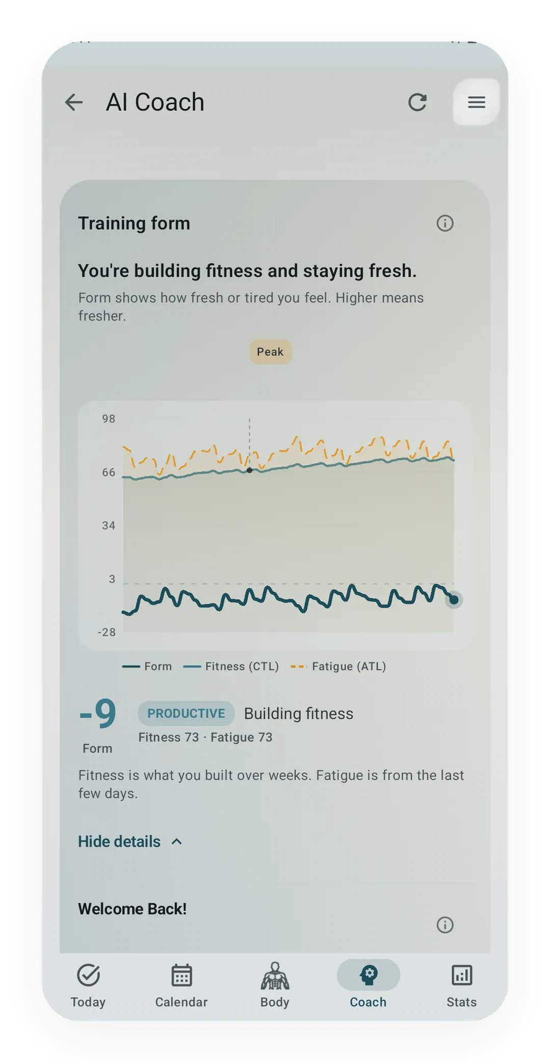 Coach Training Form curve with the current form band and fitness and fatigue detail