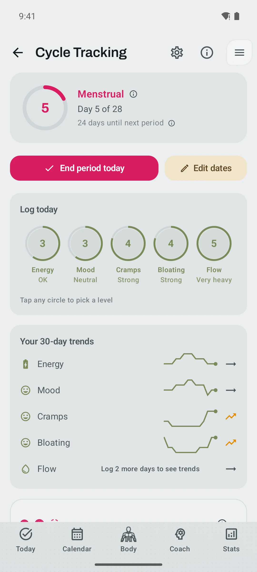 Kinoku Cycle Tracking dashboard showing menstrual phase, period controls, symptom rings, and populated 30-day trends.