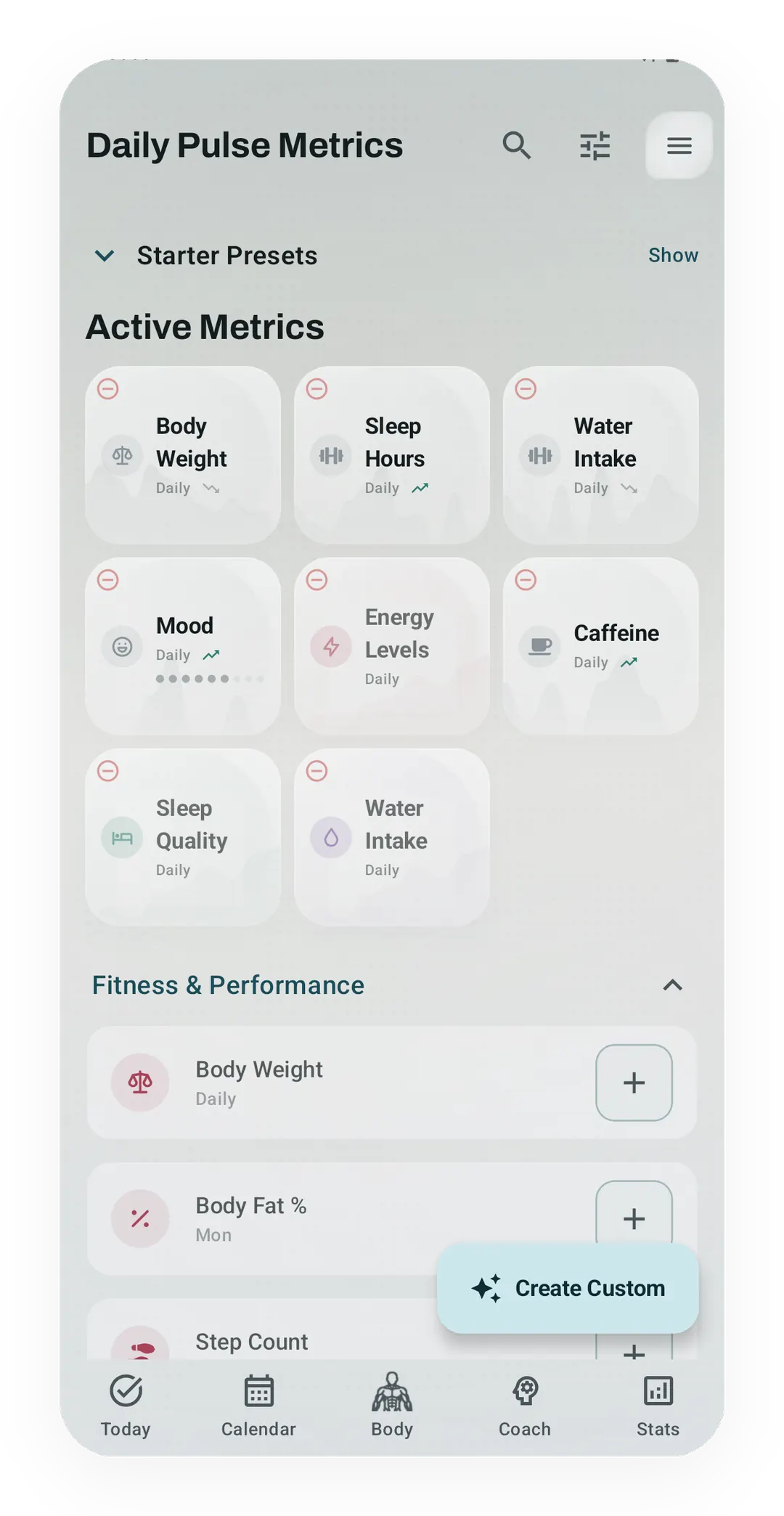 Kinoku daily metrics screen showing populated wellness and training metric cards.