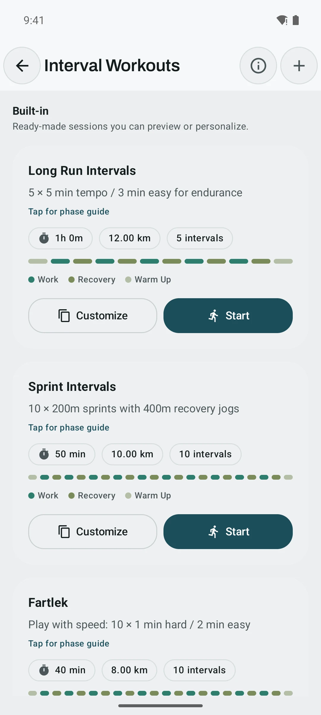 Kinoku Interval Workouts library showing populated Long Run Intervals, Sprint Intervals, and Fartlek templates.