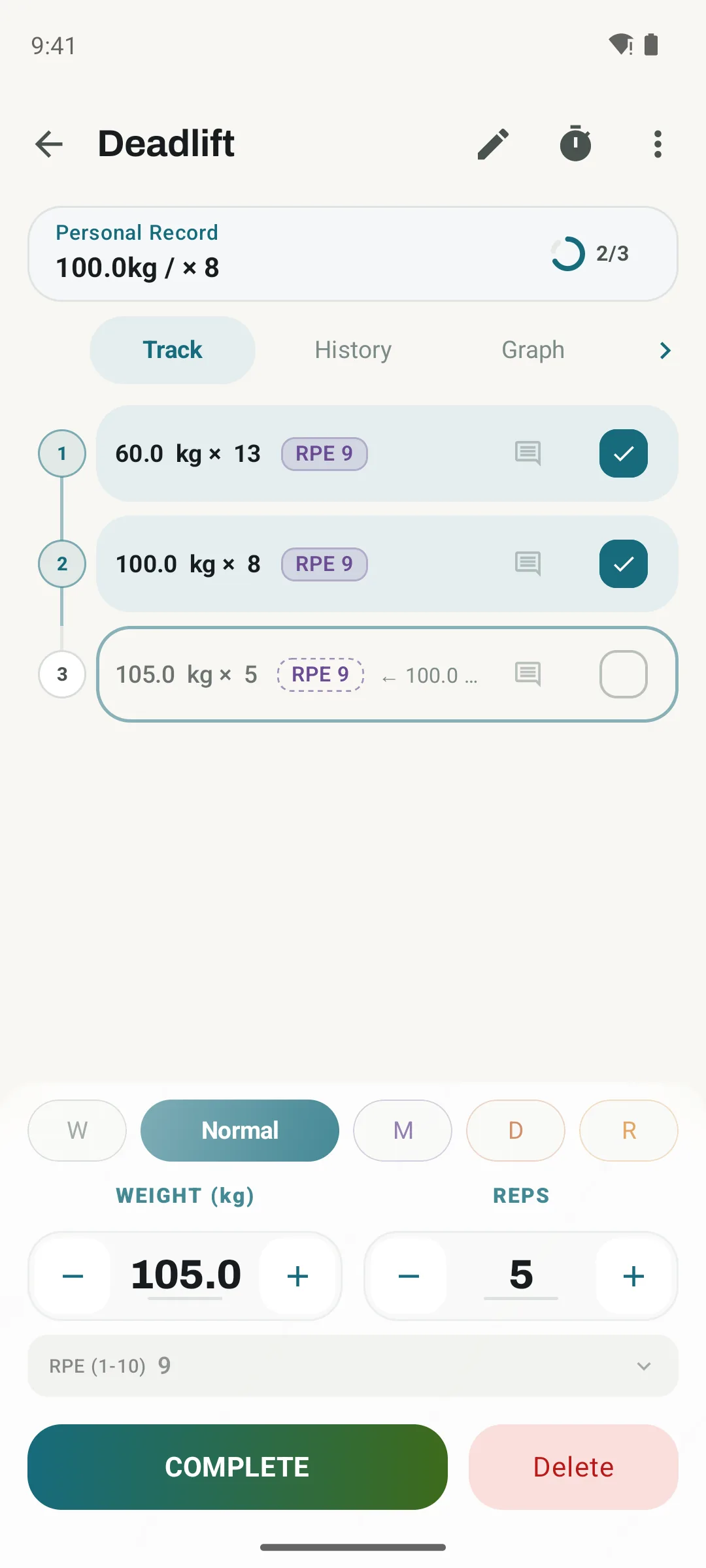 Kinoku active set logging screen showing the local exercise and set model used by Voice Quick Log.