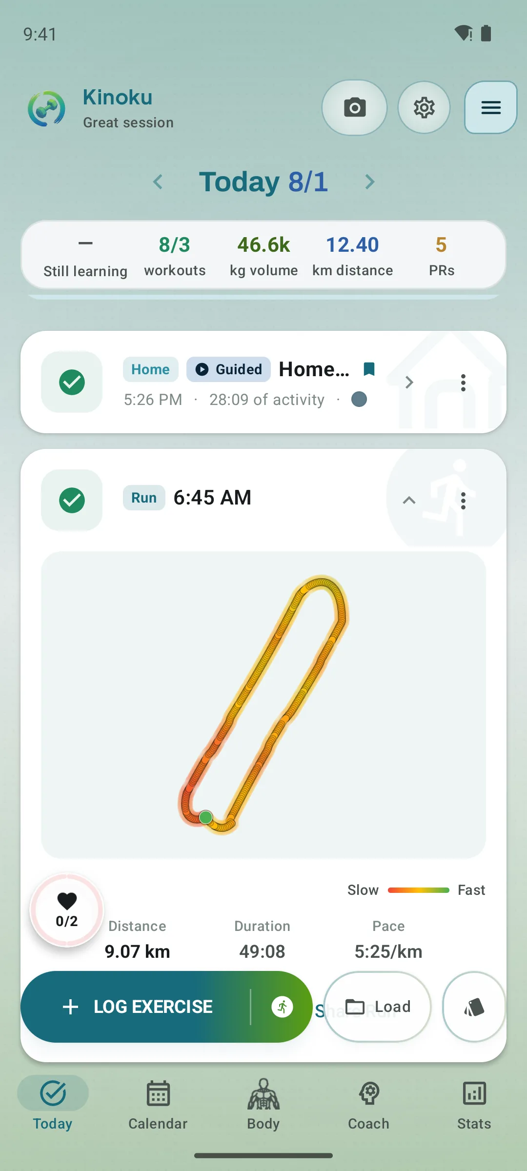 Kinoku Today screen showing a score, current training context, and a clear daily recommendation.