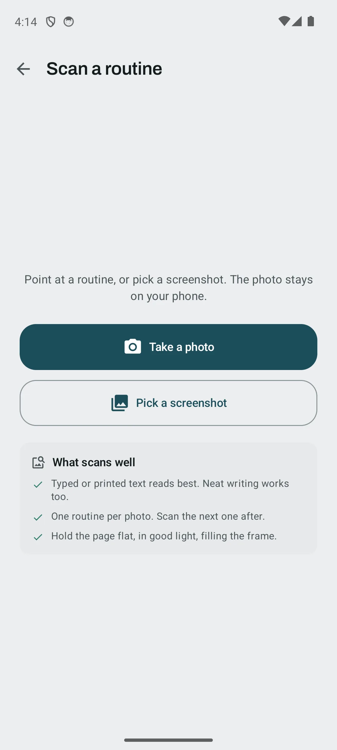 Kinoku scan-a-routine screen with Take a photo, Pick a screenshot, and a short note on what scans well.