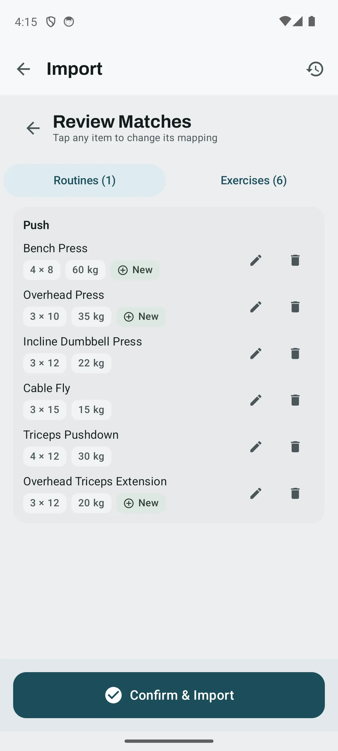 Kinoku import review showing a scanned Push routine with sets, reps, weights, and New chips.