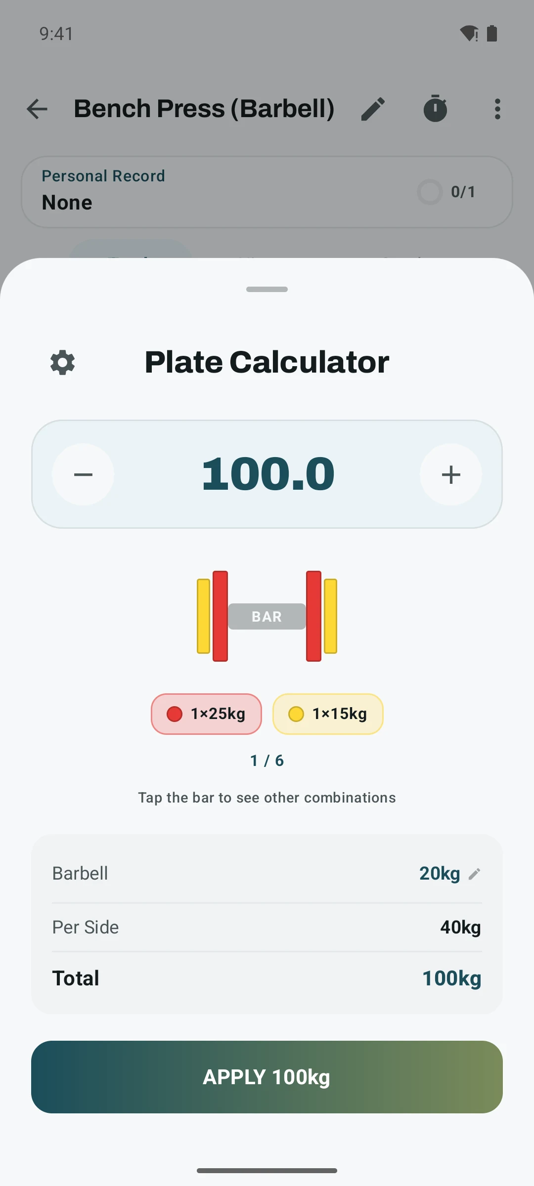 Kinoku Plate Calculator set to 100 kilograms with one 25-kilogram and one 15-kilogram plate per side.
