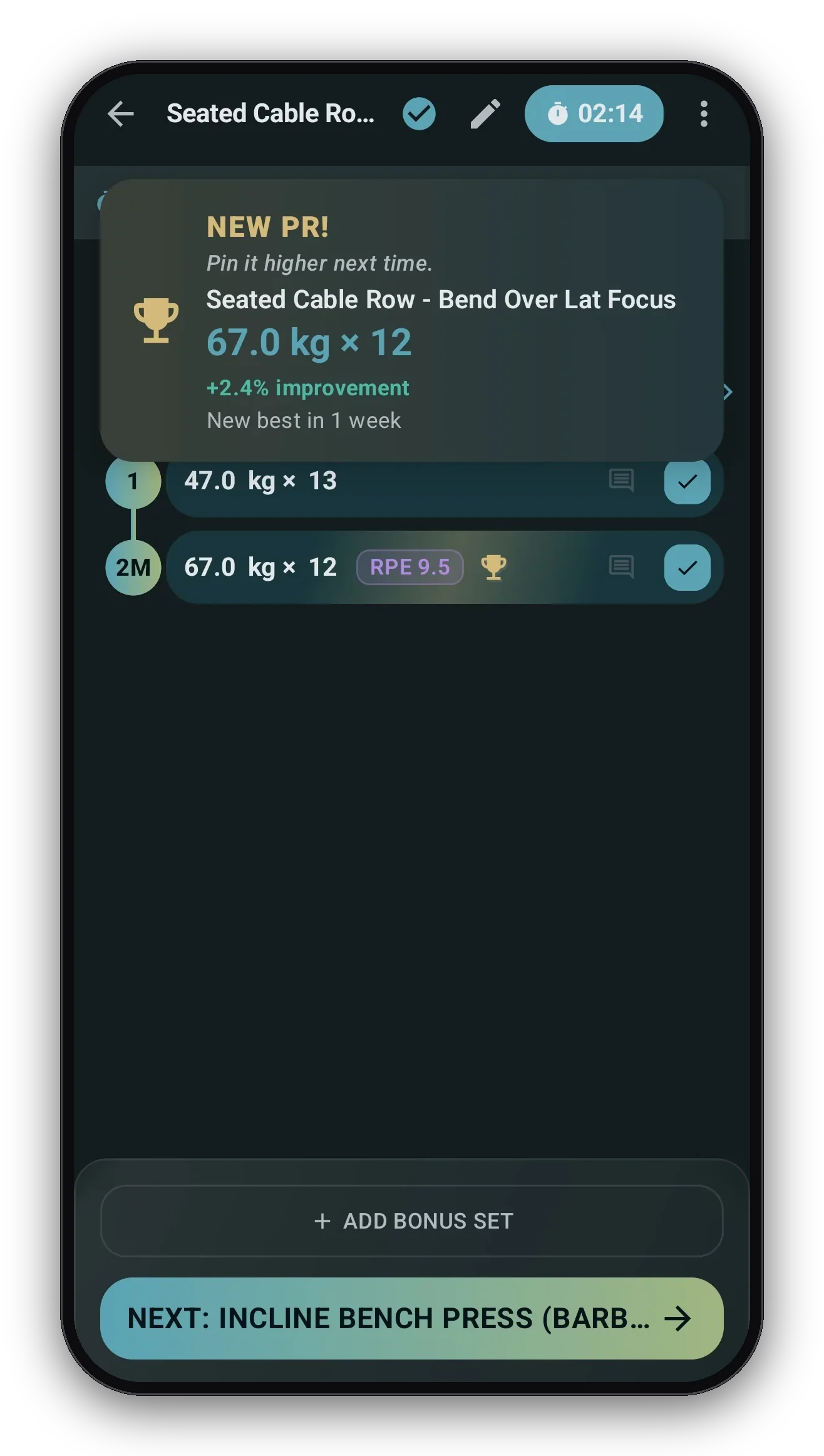 A new PR caught mid-workout: 67 kg by 12, with the rest timer running