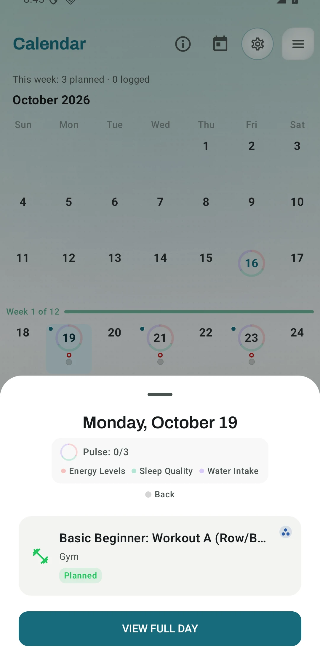 The Kinoku calendar after a Basic Beginner Routine start shows sessions on Monday, Wednesday and Friday. The day sheet is open on Monday and names the first one, Basic Beginner: Workout A, but the rest of the name is cut off. Sample data.