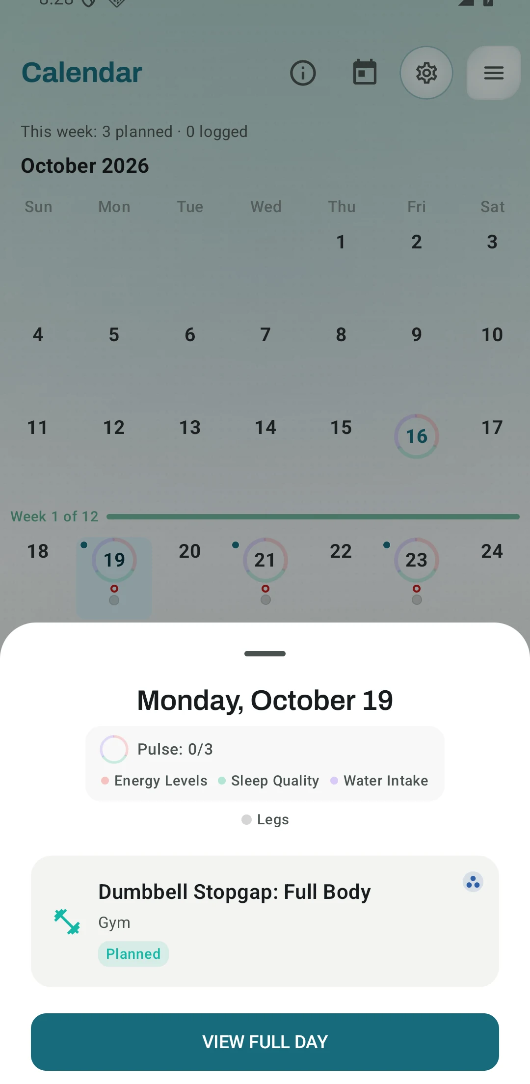 The Kinoku calendar after a Dumbbell Stopgap start shows sessions on Monday, Wednesday and Friday. The day sheet is open on Monday and names the first one, Dumbbell Stopgap: Full Body. Sample data.