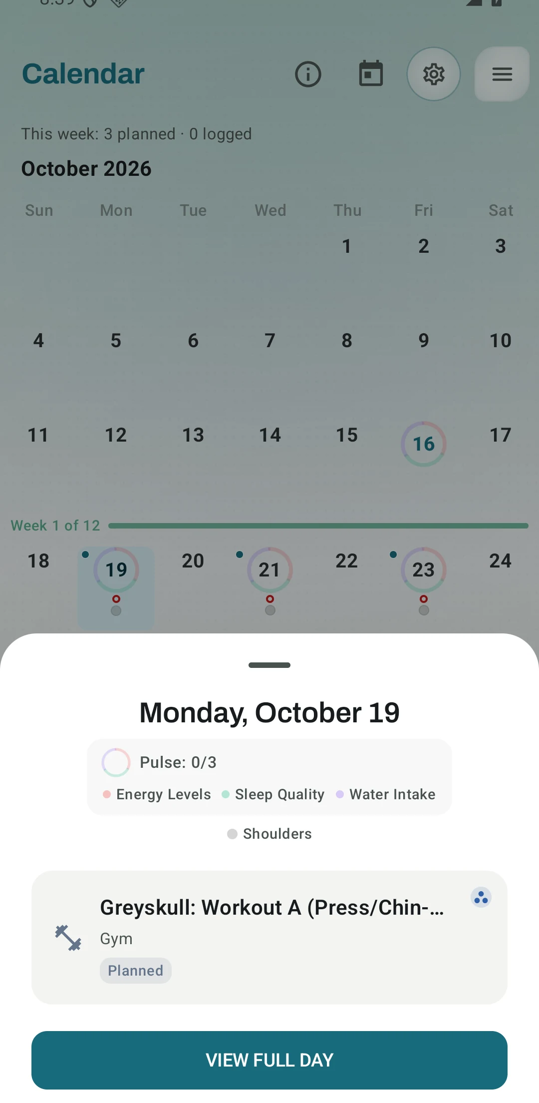 The Kinoku calendar after a Greyskull-style LP start shows sessions on Monday, Wednesday and Friday. The day sheet is open on Monday and names the first one, Greyskull: Workout A, but the rest of the name is cut off. Sample data.