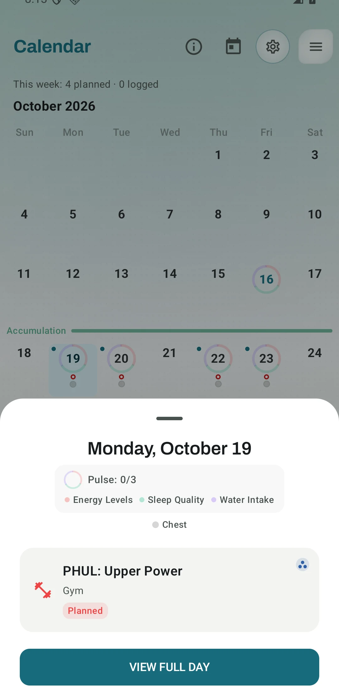 The Kinoku calendar after a PHUL start shows sessions on Monday, Tuesday, Thursday and Friday. The day sheet is open on Monday and names the first session, PHUL: Upper Power. Sample data.