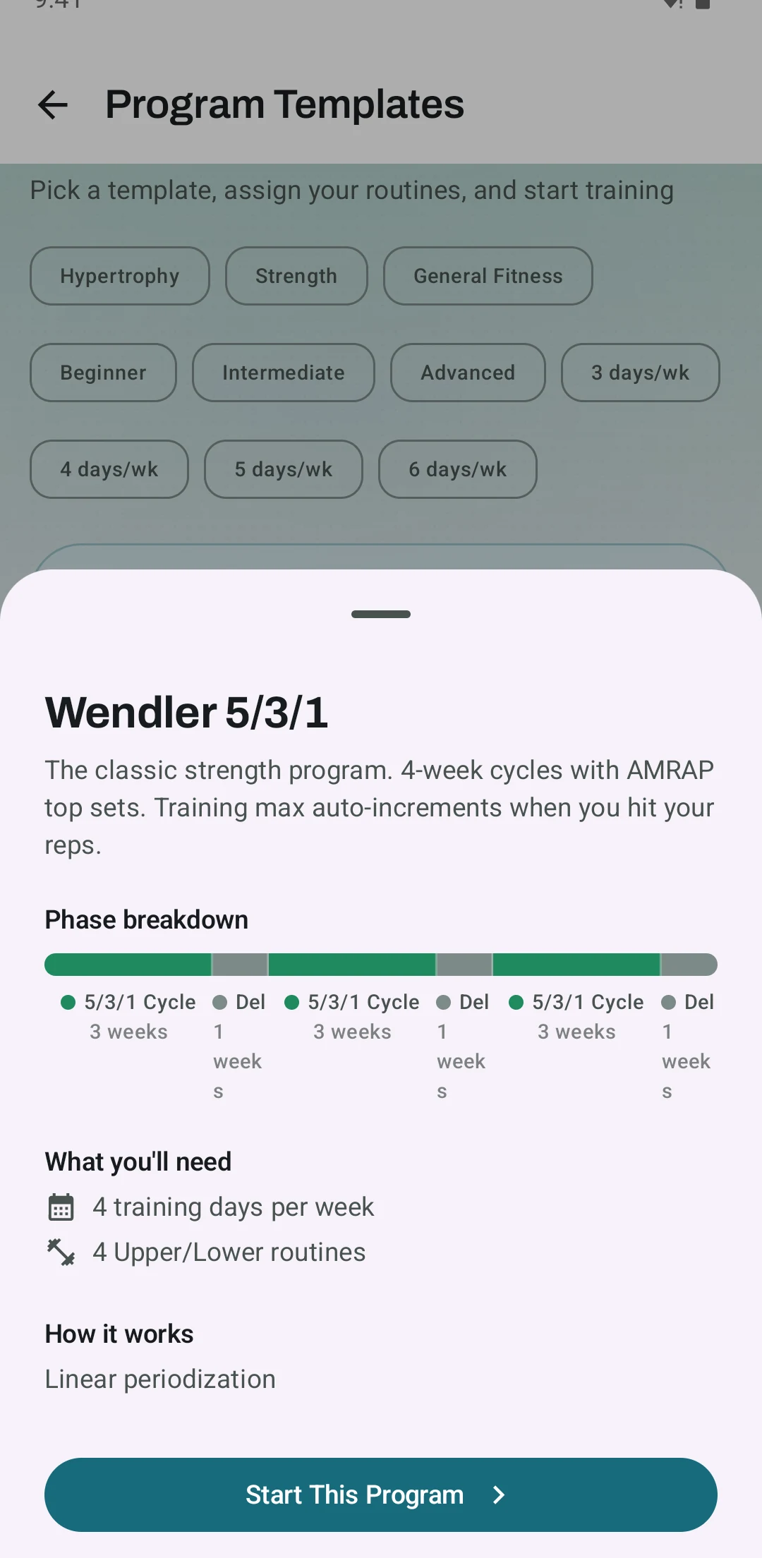 Kinoku template sheet for Wendler 5/3/1 with the phase bar, what you need, and the Start This Program button. Sample data.