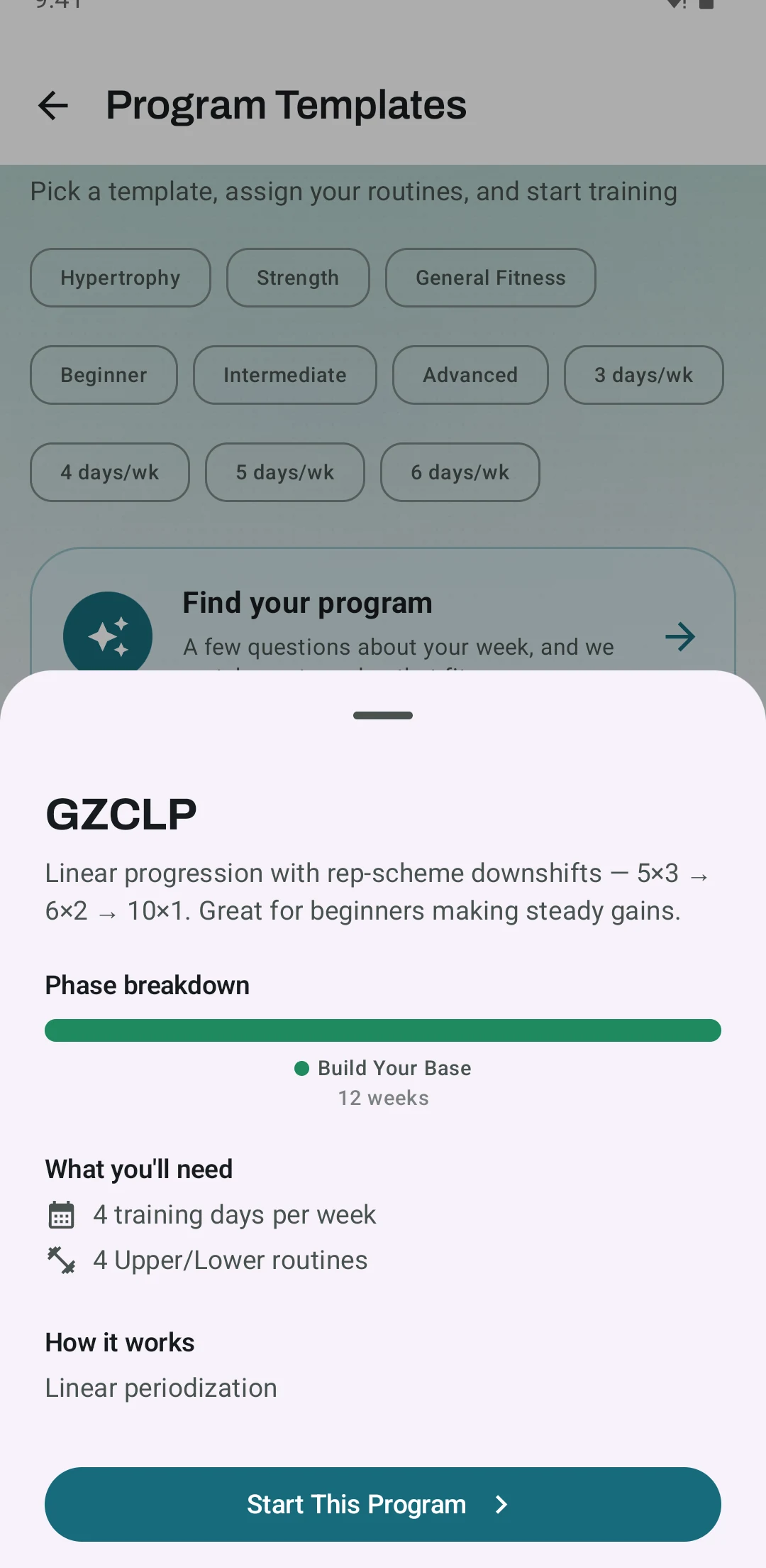Kinoku template sheet for GZCLP with the phase bar, what you need, and the Start This Program button. Sample data.