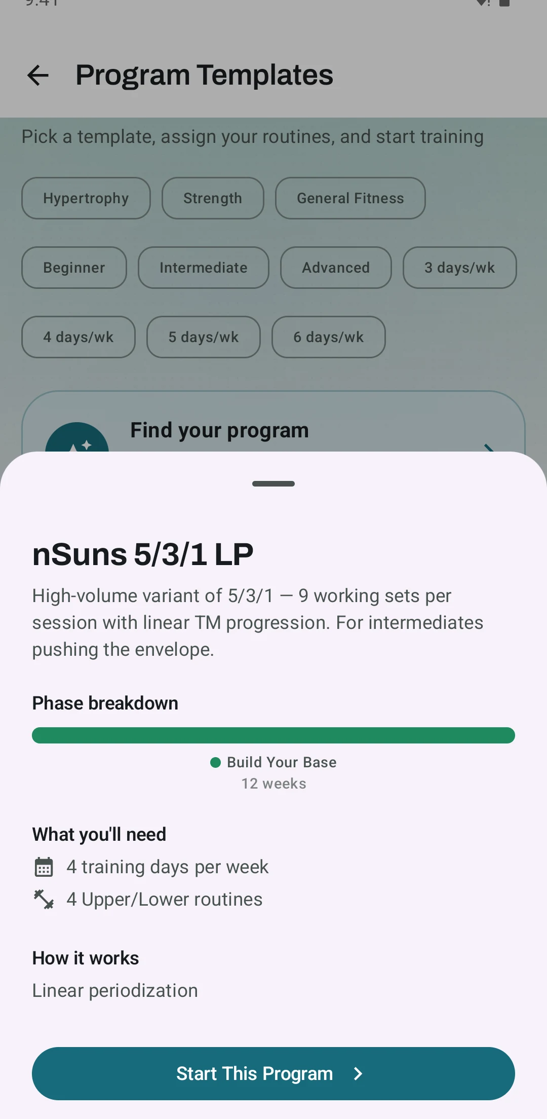 Kinoku template sheet for nSuns 5/3/1 LP with the phase bar, what you need, and the Start This Program button. Sample data.