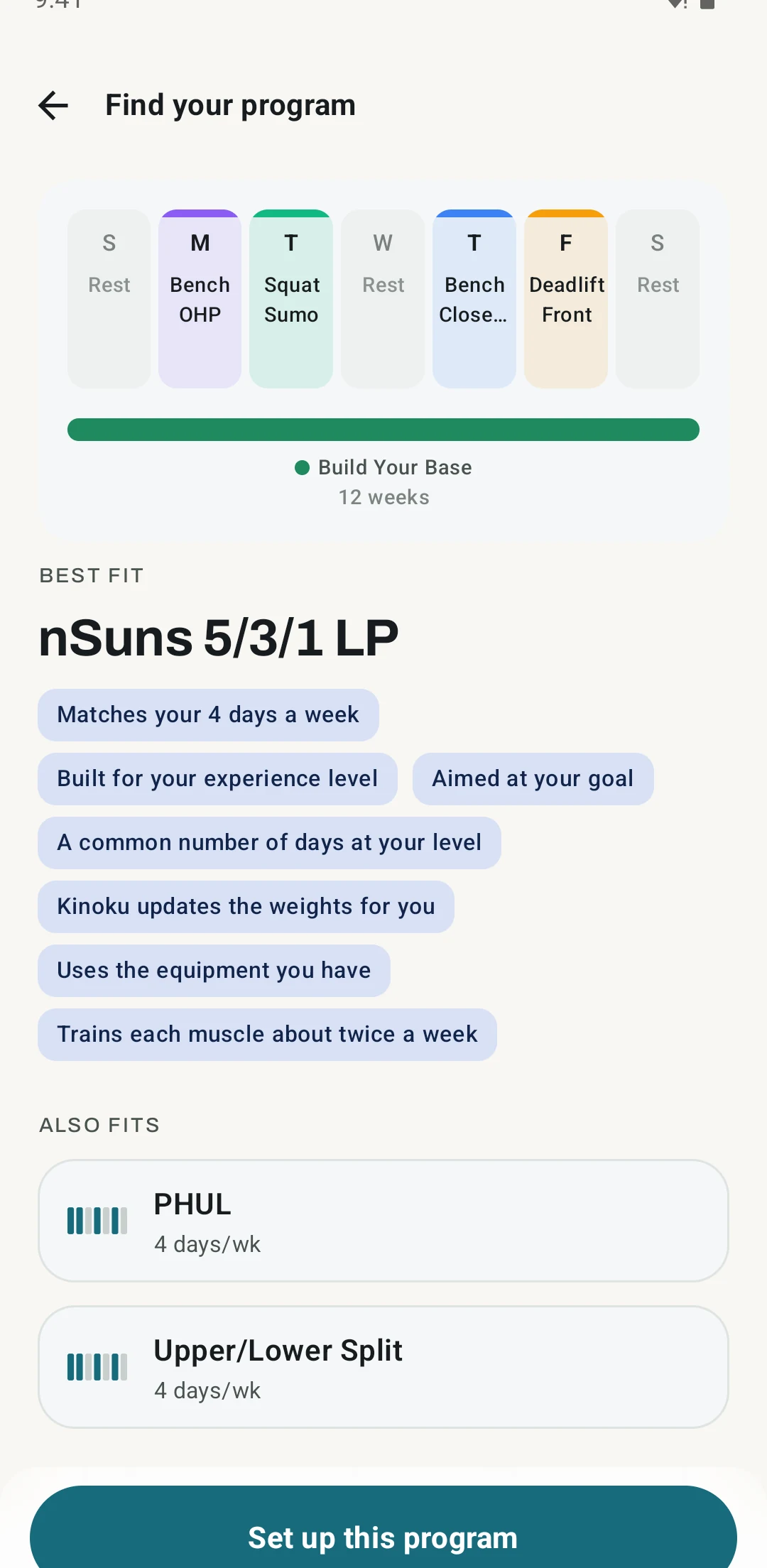 Kinoku's program finder showing a suggested program and its weekly schedule.
