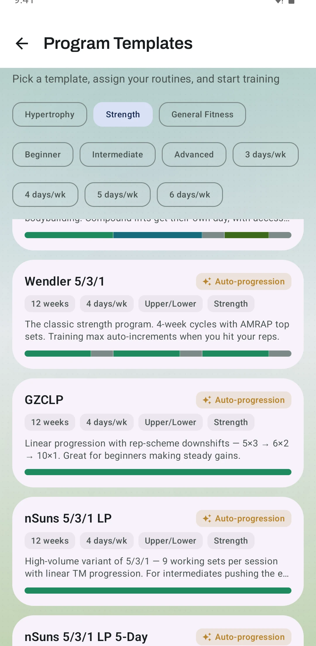 Kinoku Program Templates screen filtered to Strength, listing Wendler 5/3/1, GZCLP and nSuns 5/3/1 LP with auto-progression. Sample data.