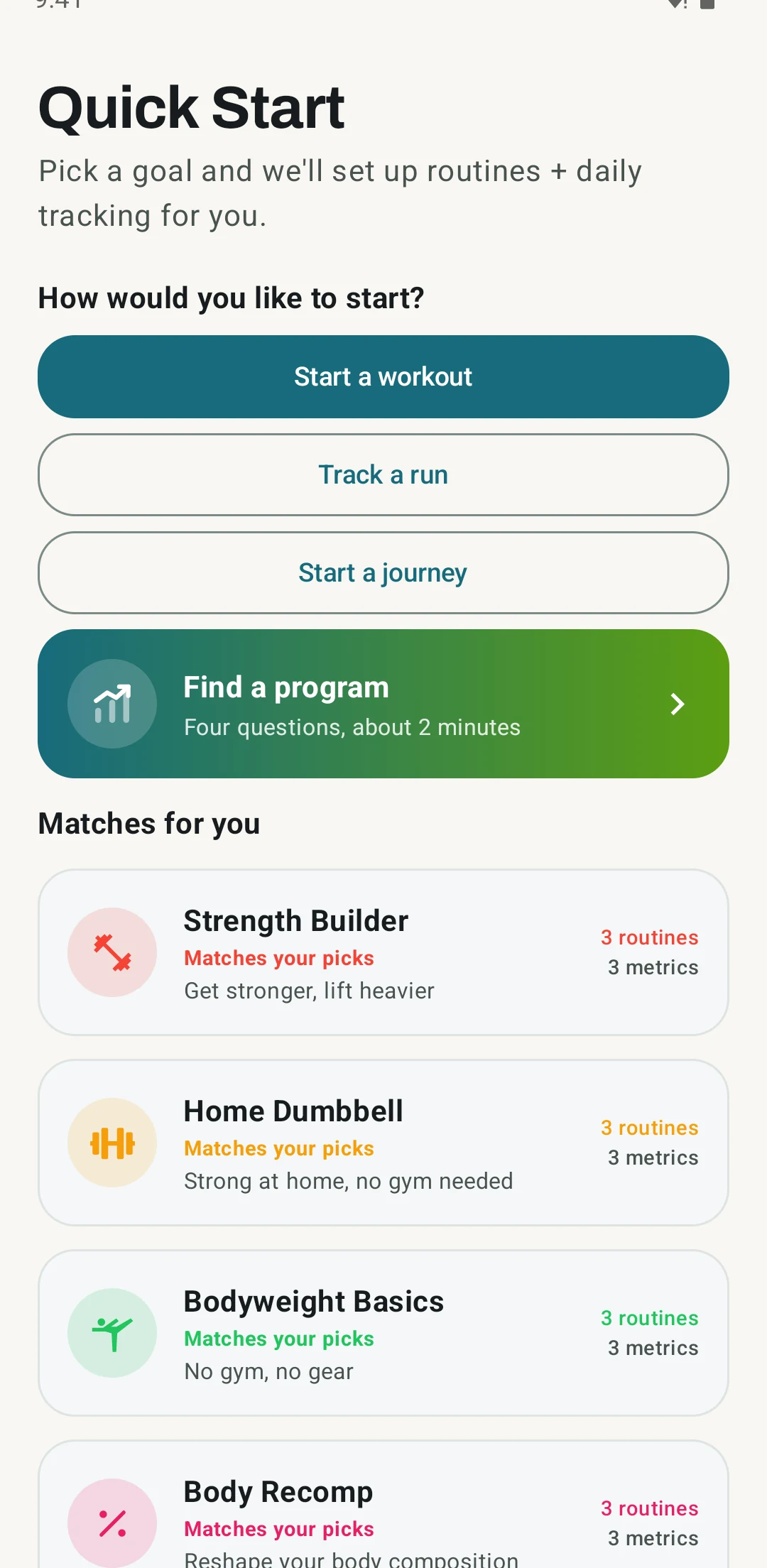 Kinoku welcome screen on first launch with the Find a program card under the start choices. Sample data.