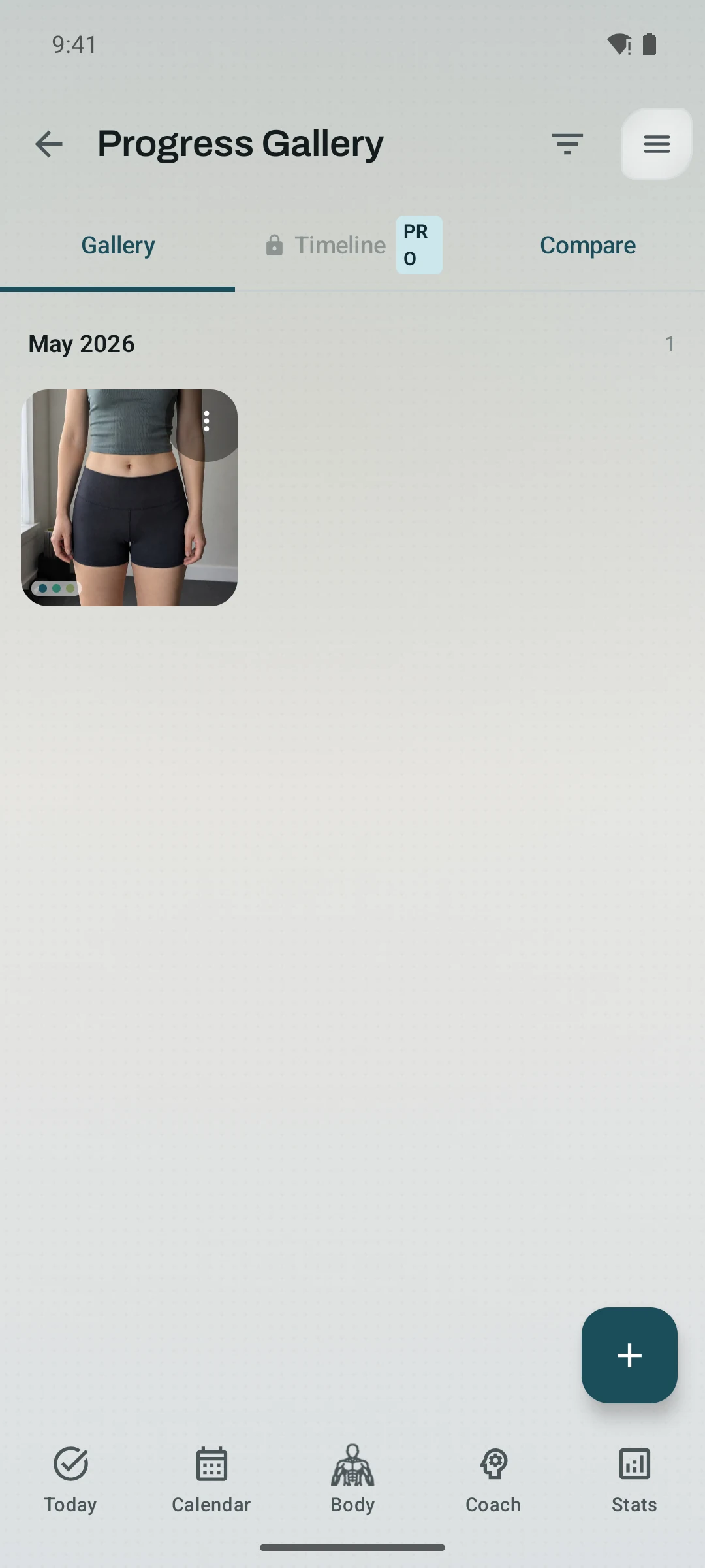 Kinoku Progress Gallery showing one fictional sample progress photo grouped under May 2026.